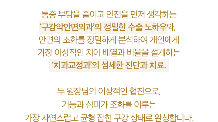 통증 부담을 줄이고 안전을 먼저 생각하는 구강악안면외과’의 정밀한 수술 노하우와, 안면의 조화를 정밀하게 분석하여 개인에게 장 이상적인 치아 배열과 비율을 설계하는 ‘치과교정과’의 섬세한 진단과 치료.